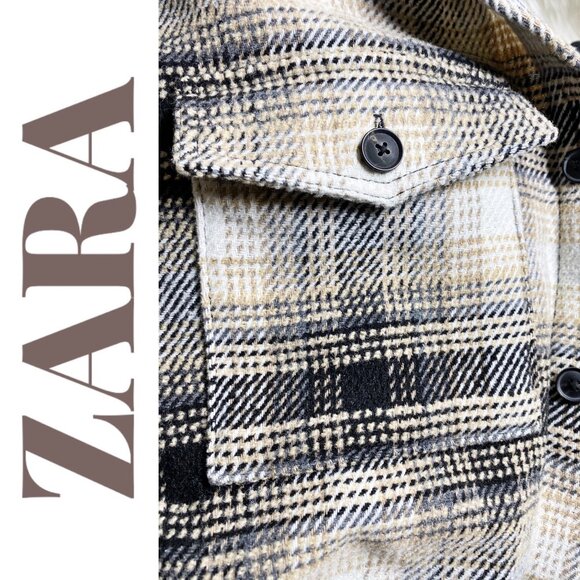 ZARA MEN’S WOOL BLEND PLAID SHACKET HOOD BEIGE BLACK WHITE, SIZE LARGE - Picture 7 of 11